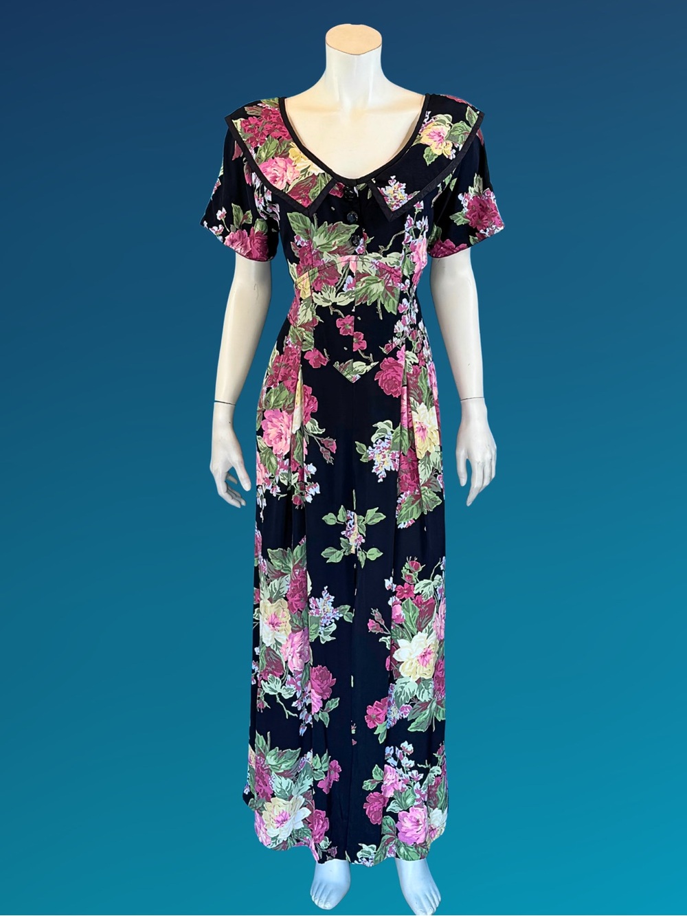80s 90s KAREN ALEXANDER Open Back Floral Cottagecore Romantic Rayon Tea Dress SM